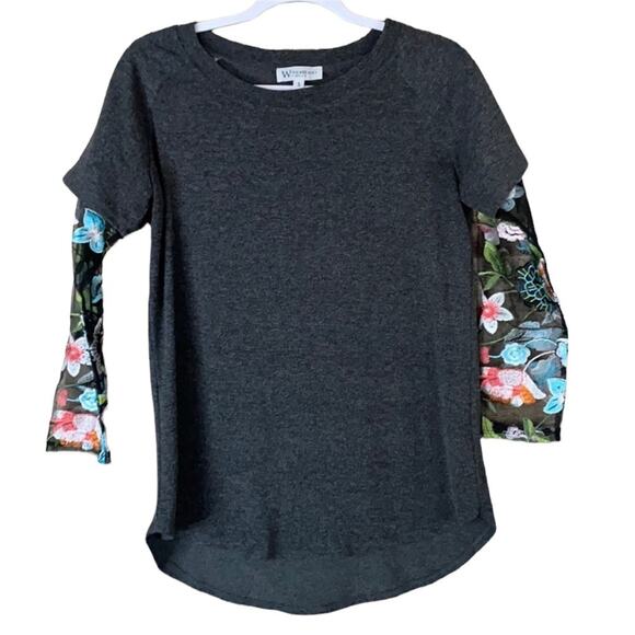 Wonderland by Orange Gray Top Sheer Mesh Embroidered Sleeves Size Small - Picture 1 of 11